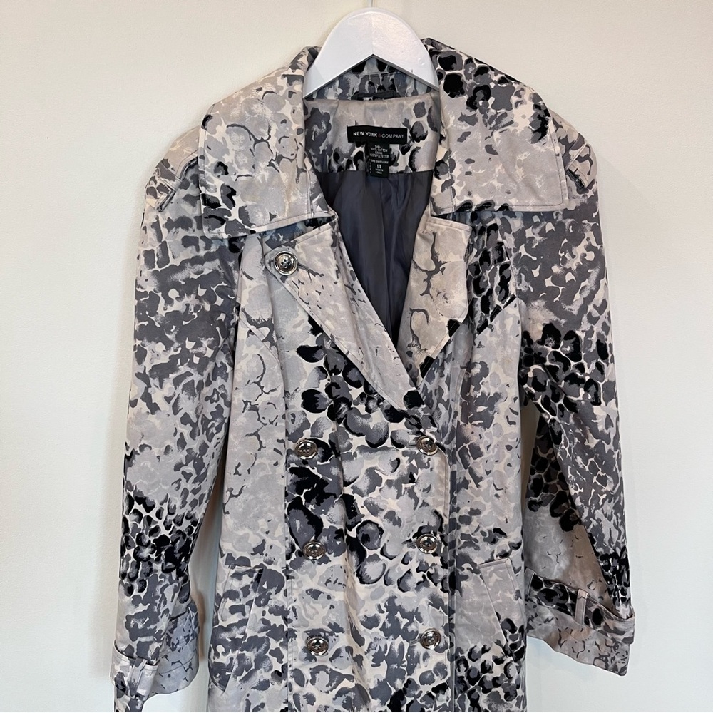 Animal Print Belted Jacket Womens 14 Gray Black White Career Coat Silver Buttons - Picture 2 of 7